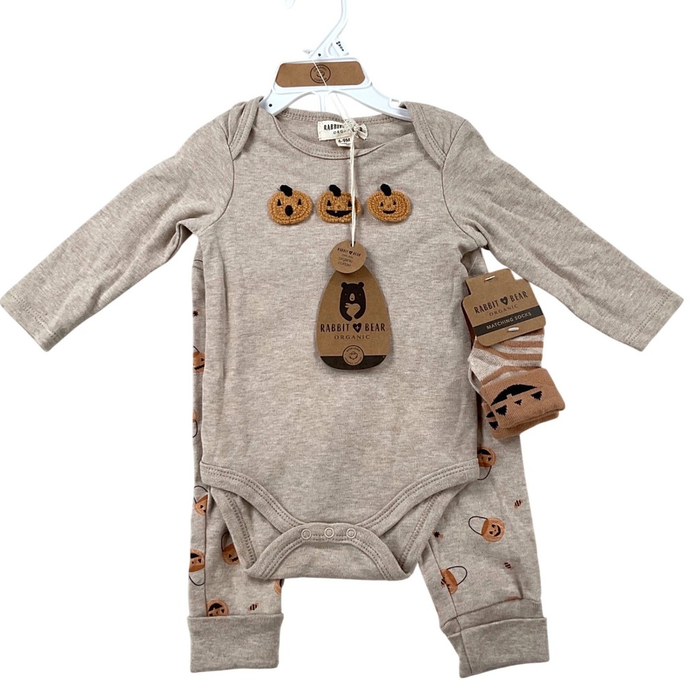 Rabbit Bear Organic Baby Halloween Pumpkin Bodysuit Pants Socks Set 6-9M NEW